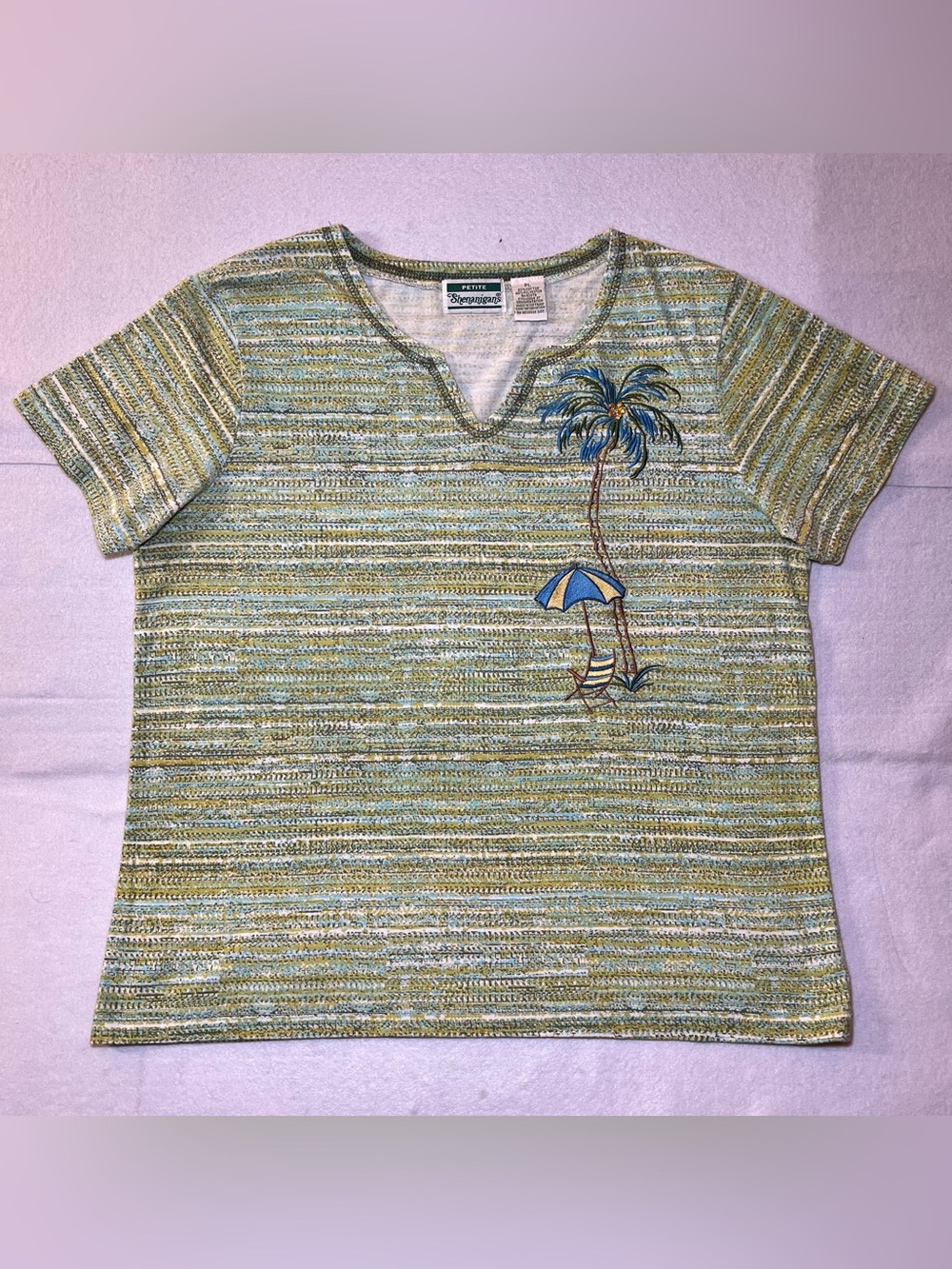 Vintage Shenanigans Striped Knit Top Embroidered Palm Tree Beach,Green/Blue,PL